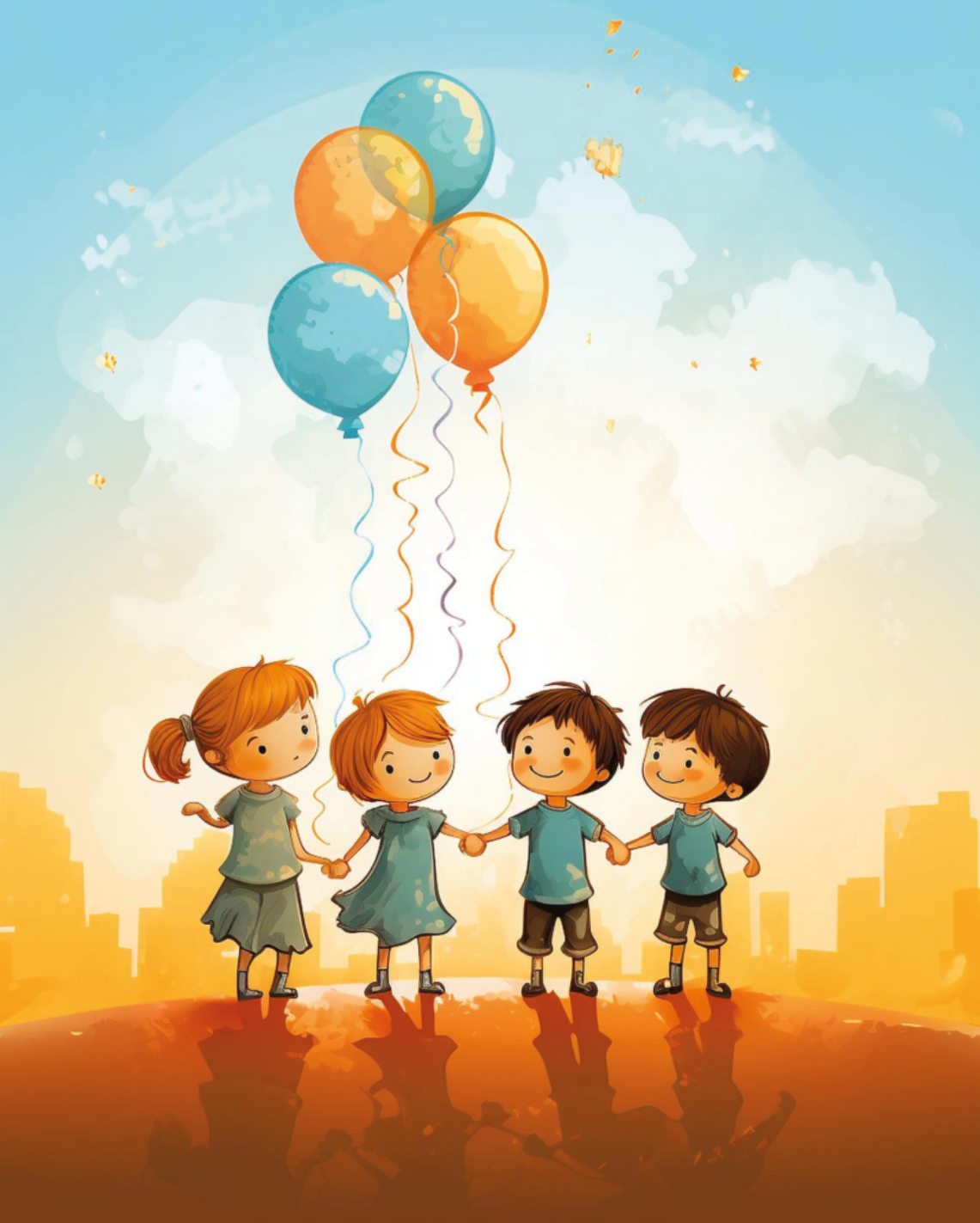 Na grafice dzieci stojące na ziemi trzymające się za ręce, w tle miasto i balony